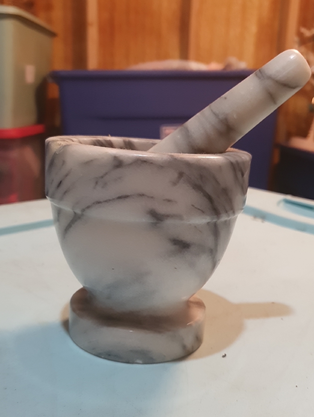 Marble Mortar and Pestle - White with Gray Veining